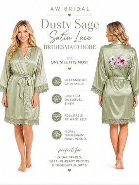 Dusty Sage Satin Lace Bridesmaid Robe Floral Wedding Getting Ready Robe